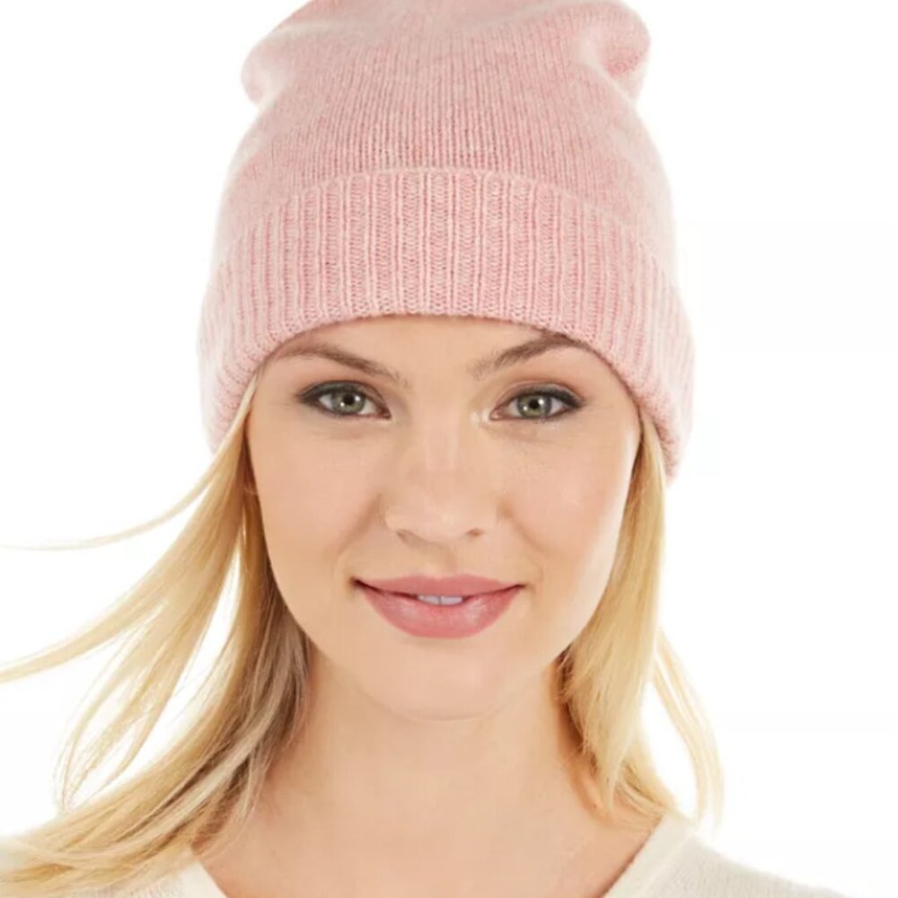 Charter Club Luxury 100% Casmere "Chantilly" Pink Cuffed Beanie Hat - NWT